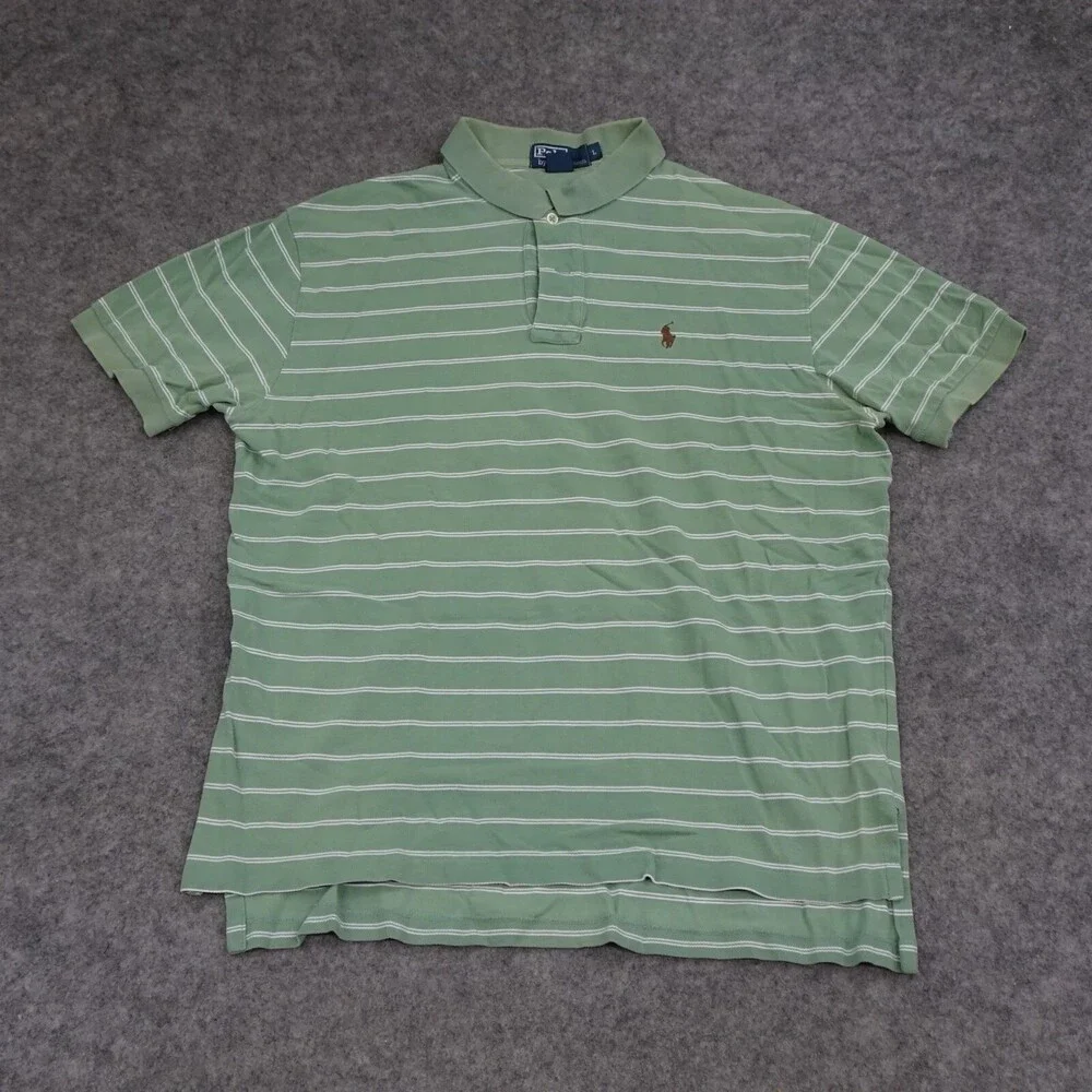 Ralph Lauren Polo Shirt Mens Large L Green Short Sleeve Striped Cotton Pony